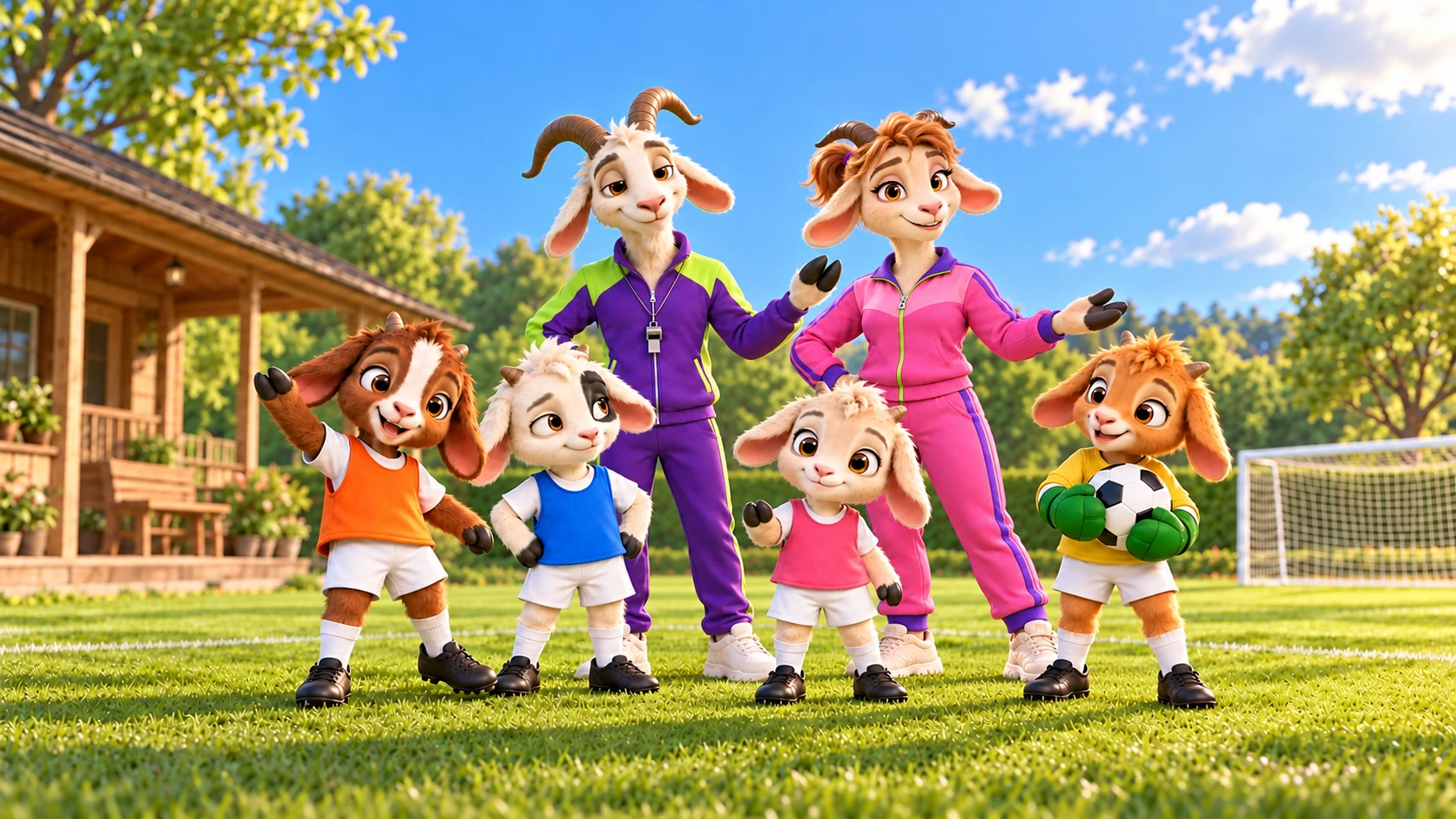 Coach Gus and Coach Flo welcome you to the clubhouse with Bramble, Tuft, Clover and goalkeeper Poppy