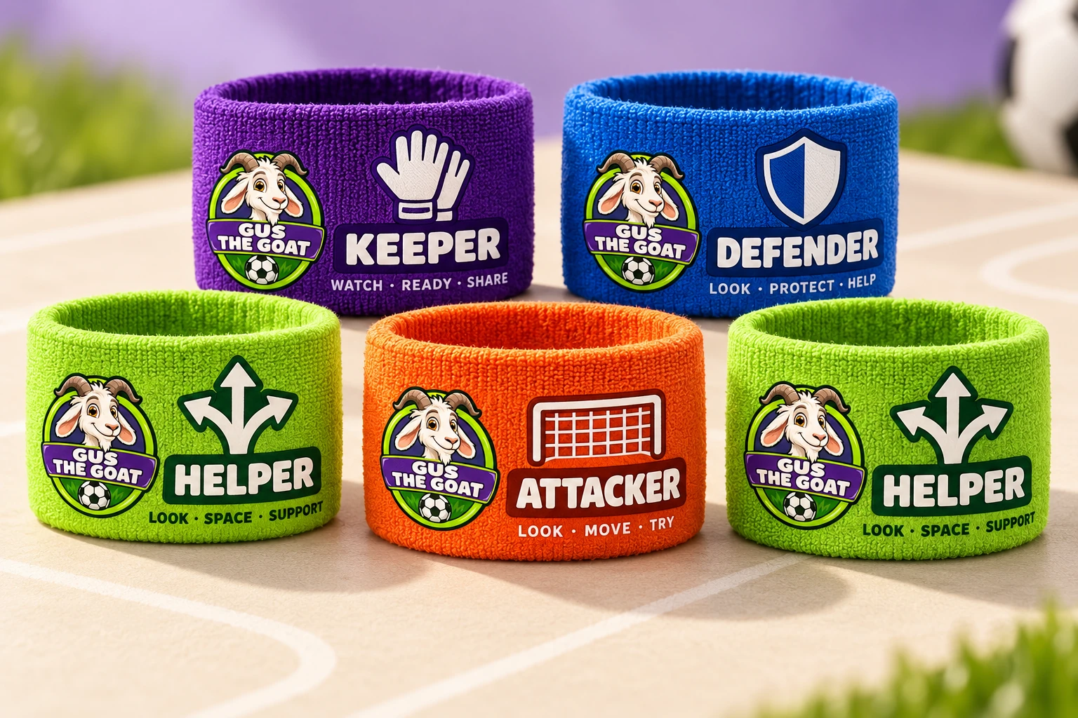 Five colourful Gus The Goat training-band concepts: a keeper, a defender, two helpers and an attacker