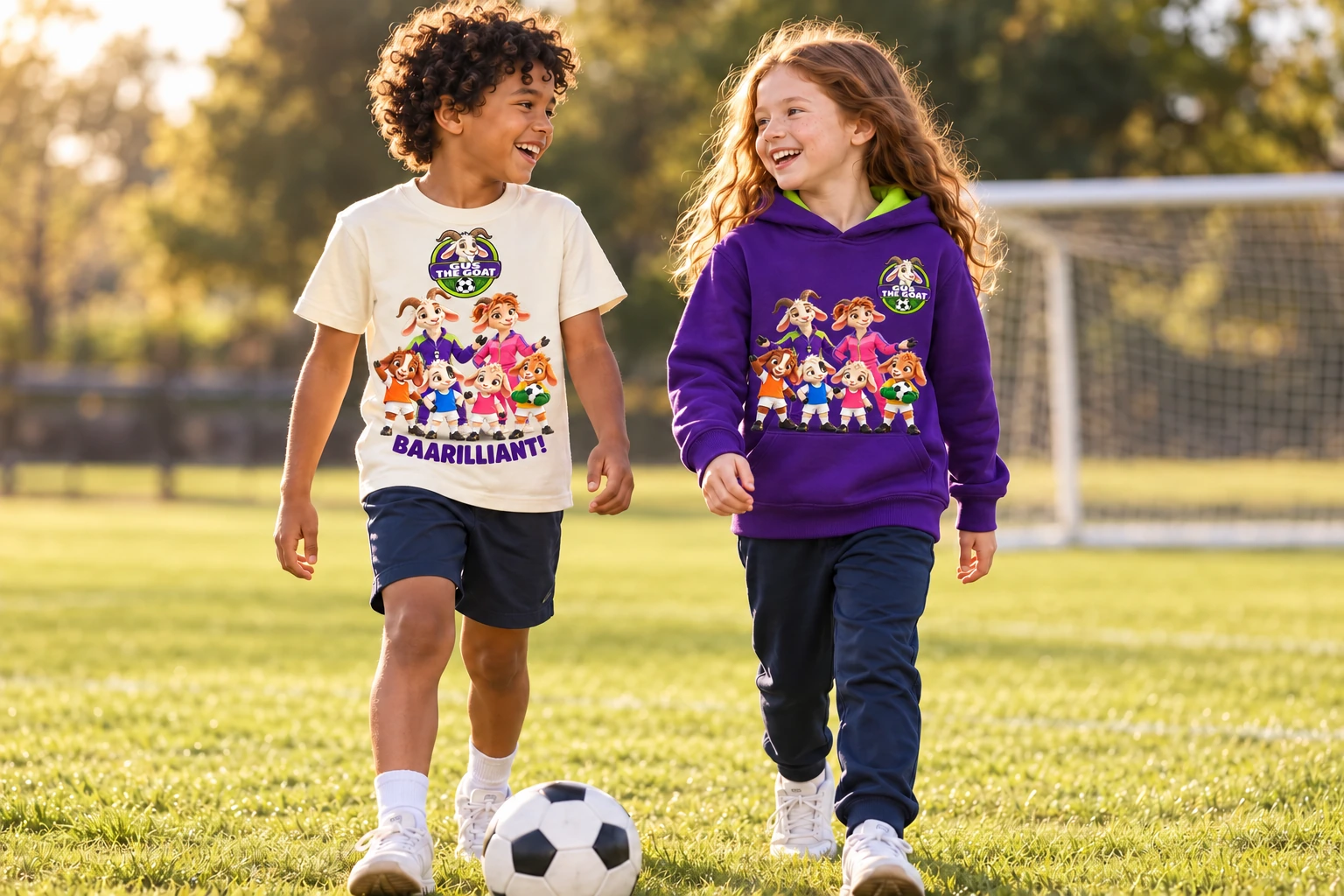 Photo-style concept of two children wearing the updated six-character team tee and hoodie, including Coach Flo
