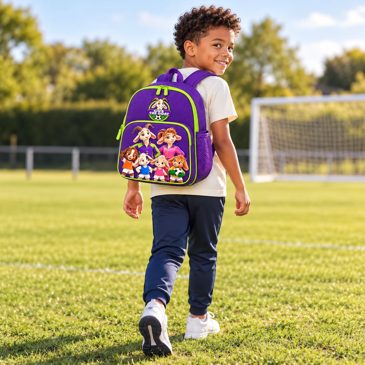 Photo-style concept of a child wearing the updated purple backpack with Gus, Flo and the four kids