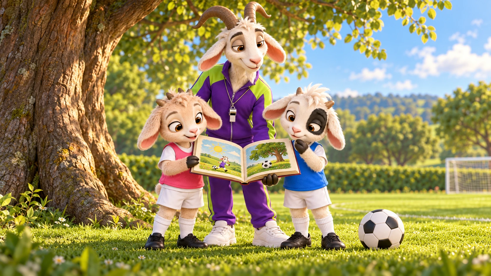 Gus shares a picture book with curious Tuft and little Clover beside the pitch