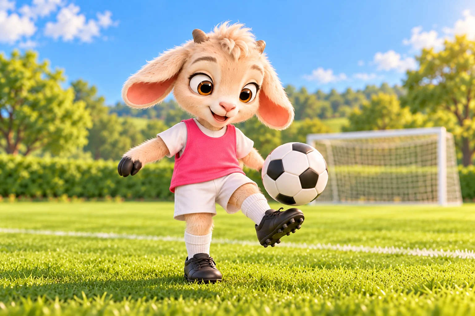 Clover in her pink kit keeping the ball up with a gentle boot touch