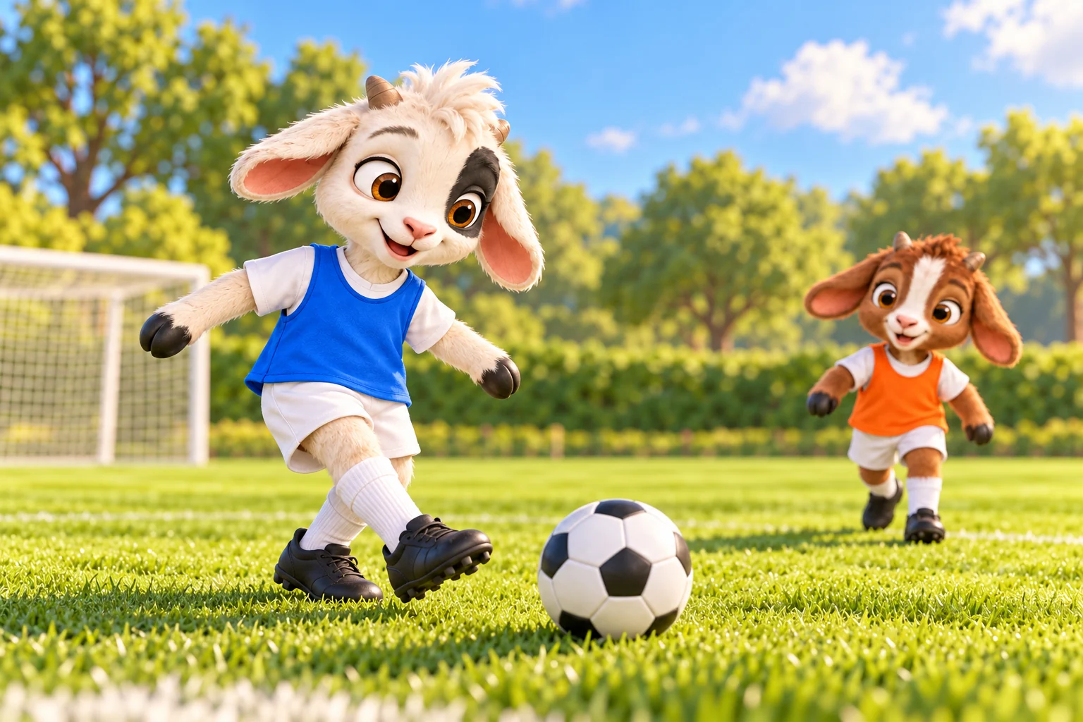 Tuft in his blue kit passing the ball to Bramble