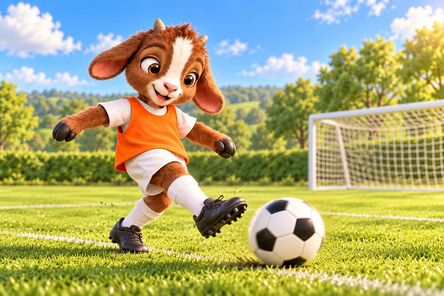 Bramble in his orange kit taking a shot at goal
